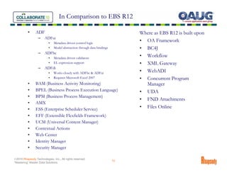 In Comparison to EBS R12

          •     ADF                                                          Where as EBS R12 is built upon
                  –    ADFui
                          •   Metadata driven control logic
                                                                             • OA Framework
                          •   Model abstraction through data bindings        • BC4J
                  –    ADFbc
                          •   Metadata driven validators
                                                                             • Workflow
                          •   EL expression support                          • XML Gateway
                  –    ADFdi
                          •   Works closely with ADFbc & ADFui               • WebADI
                          •   Requires Microsoft Excel 2007                  • Concurrent Program
          •     BAM (Business Activity Monitoring)                             Manager
          •     BPEL (Business Process Execution Language)                   • UDA
          •     BPM (Business Process Management)
                                                                             • FND Attachments
          •     AMX
          •     ESS (Enterprise Scheduler Service)                           • Files Online
          •     EFF (Extensible Flexfields Framework)
          •     UCM (Universal Content Manager)
          •     Contextual Actions
          •     Web Center
          •     Identity Manager
          •     Security Manager

©2010 Rhapsody Technologies, Inc., All rights reserved.
                                                                        13
“Mastering” Master Data Solutions
 