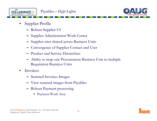 Payables – High Lights


          • Supplier Profile
                  – Robust Supplier UI
                  – Supplier Administrator Work Center
                  – Supplier sites shared across Business Units
                  – Convergence of Supplier Contact and User
                  – Product and Service Hierarchies
                  – Ability to map one Procurement Business Unit to multiple
                    Requisition Business Units
          • Invoices
                  – Scanned Invoices Images
                  – View scanned images from Payables
                  – Robust Payment processing
                          • Payment Work Area



©2010 Rhapsody Technologies, Inc., All rights reserved.
                                                           33
“Mastering” Master Data Solutions
 