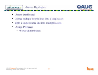 Assets – High Lights


          • Assets Dashboard
          • Merge multiple source lines into a single asset
          • Split a single source line into multiple assets
          • Assign Preparers
                  – Workload distribution




©2010 Rhapsody Technologies, Inc., All rights reserved.
                                                          34
“Mastering” Master Data Solutions
 