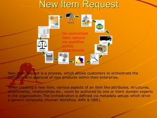 New Item Request 
Point of Sale 
Quality 
Assurance 
Regulatory 
Accounting 
Logistics 
Marketing 
Information 
Technology 
Distribution Center 
Research & 
Development 
Purchasing 
Manufacturing 
Graphic Arts 
De-centralized 
Data capture 
via workflow 
across 
departments 
New Item request is a process, which allows customers to orchestrate the 
definition and approval of new products within their enterprise. 
When creating a new item, various aspects of an item like attributes, structures, 
attachments, relationships etc., could be authored by one or more domain experts 
in the organization. The orchestration is defined via metadata setups which drive 
a generic composite (Human Workflow, AMX & OBR). 
 