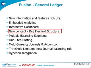 Oracle Solution Centre
and Together. Free your energies
14
Fusion - General Ledger
New information and features rich UIs.
Embedded Analytics
Interactive Dashboard
New concept - Key Flexfield Structure
Multiple Balancing Segments
One-Step Posting
Multi-Currency Journals & Action Log
Threshold Limit and new Journal balancing rule
Hyperion Integration
 
