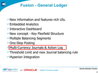 Oracle Solution Centre
and Together. Free your energies
22
Fusion - General Ledger
New information and features rich UIs.
Embedded Analytics
Interactive Dashboard
New concept - Key Flexfield Structure
Multiple Balancing Segments
One-Step Posting
Multi-Currency Journals & Action Log
Threshold Limit and new Journal balancing rule
Hyperion Integration
 