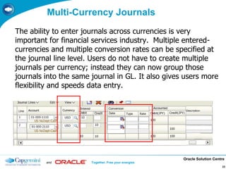 Oracle Solution Centre
and Together. Free your energies
23
Multi-Currency Journals
The ability to enter journals across currencies is very
important for financial services industry. Multiple entered-
currencies and multiple conversion rates can be specified at
the journal line level. Users do not have to create multiple
journals per currency; instead they can now group those
journals into the same journal in GL. It also gives users more
flexibility and speeds data entry.
 