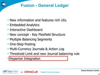 Oracle Solution Centre
and Together. Free your energies
28
Fusion - General Ledger
New information and features rich UIs.
Embedded Analytics
Interactive Dashboard
New concept - Key Flexfield Structure
Multiple Balancing Segments
One-Step Posting
Multi-Currency Journals & Action Log
Threshold Limit and new Journal balancing rule
Hyperion Integration
 