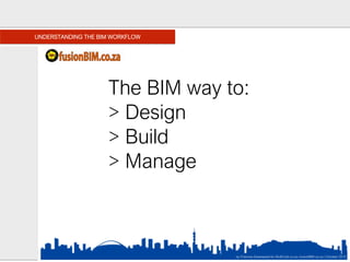 UNDERSTANDING THE BIM WORKFLOW
The BIM way to:
> Design
> Build
> Manage
by Francois Swanepoel for MultiCad.co.za | fusionBIM.co.za | October 2015
 