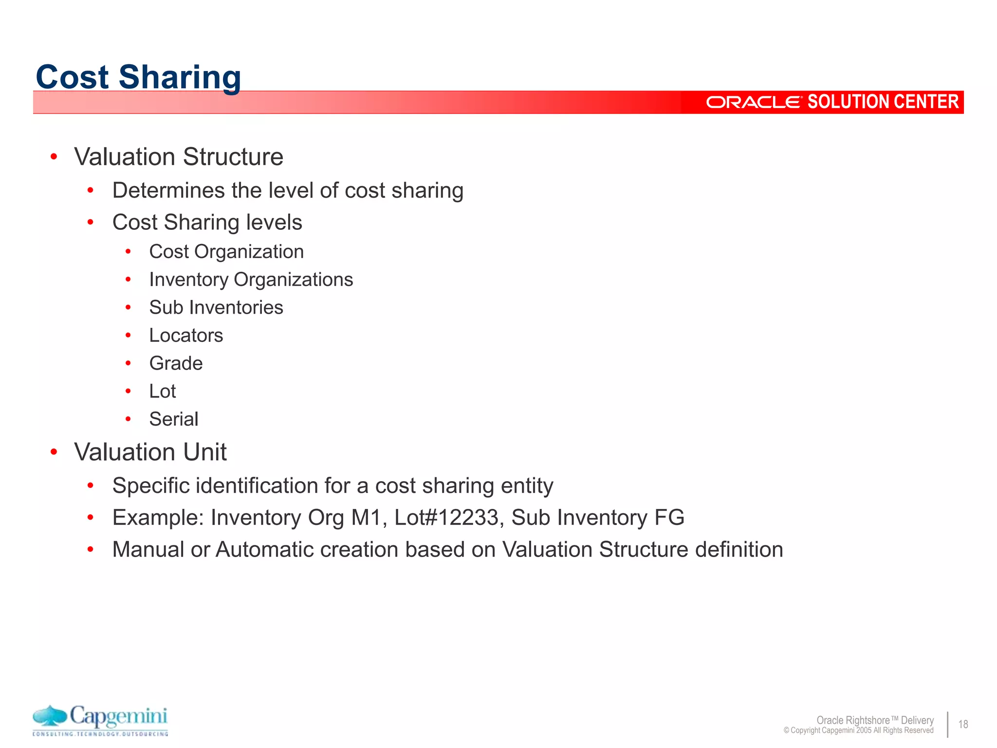 18Oracle Rightshore™ Delivery
© Copyright Capgemini 2005 All Rights Reserved
SOLUTION CENTER
Cost Sharing
• Valuation Structure
• Determines the level of cost sharing
• Cost Sharing levels
• Cost Organization
• Inventory Organizations
• Sub Inventories
• Locators
• Grade
• Lot
• Serial
• Valuation Unit
• Specific identification for a cost sharing entity
• Example: Inventory Org M1, Lot#12233, Sub Inventory FG
• Manual or Automatic creation based on Valuation Structure definition
 