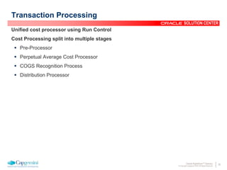 28Oracle Rightshore™ Delivery
© Copyright Capgemini 2005 All Rights Reserved
SOLUTION CENTER
Transaction Processing
Unified cost processor using Run Control
Cost Processing split into multiple stages
 Pre-Processor
 Perpetual Average Cost Processor
 COGS Recognition Process
 Distribution Processor
 