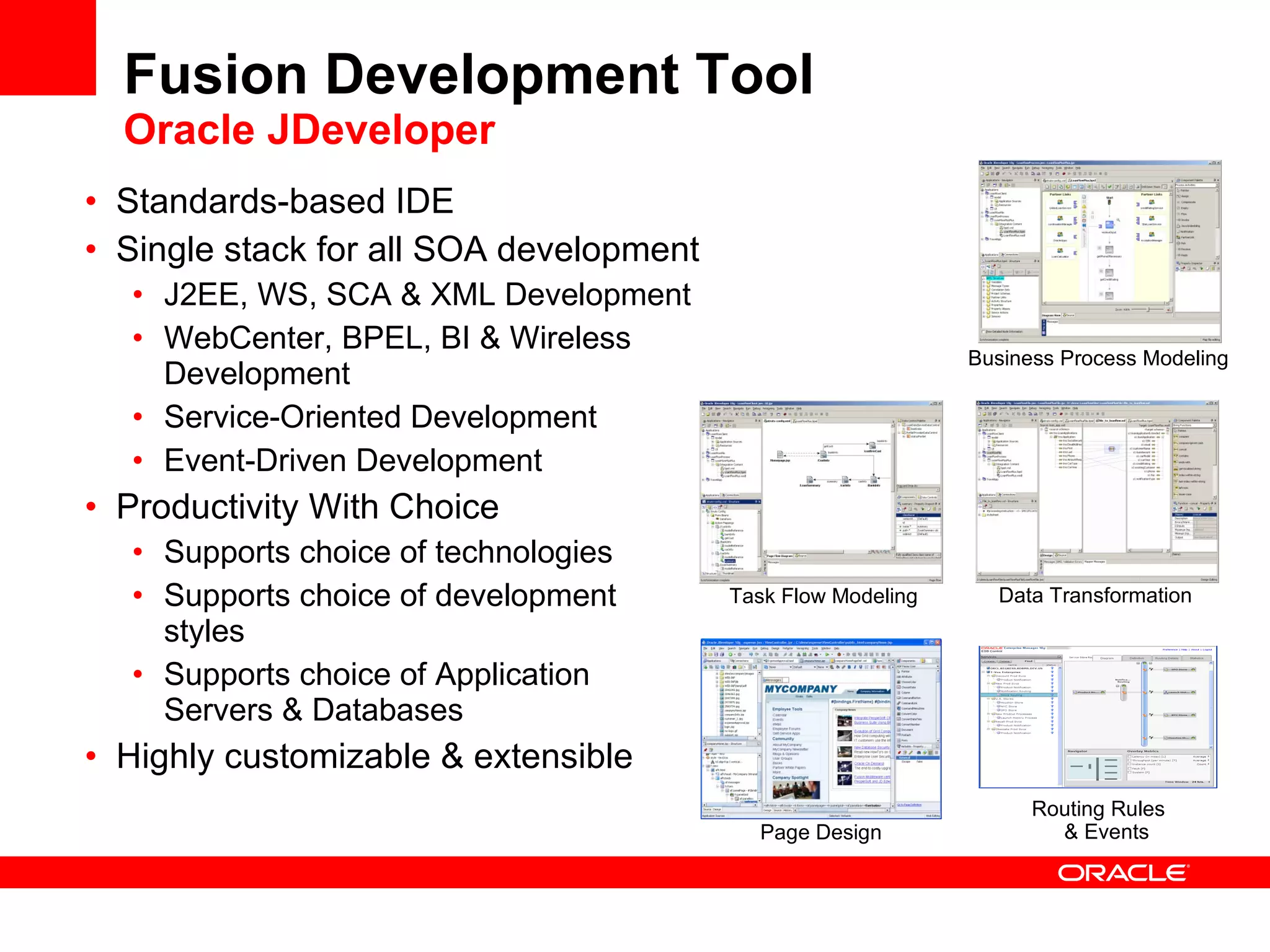 Standards-based IDE Single stack for all SOA development J2EE, WS, SCA & XML Development WebCenter, BPEL, BI & Wireless Development Service-Oriented Development Event-Driven Development Productivity With Choice Supports choice of technologies Supports choice of development  styles Supports choice of Application  Servers & Databases Highly customizable & extensible Fusion Development Tool Oracle JDeveloper Task Flow Modeling Business Process Modeling Data Transformation  Page Design Routing Rules & Events 