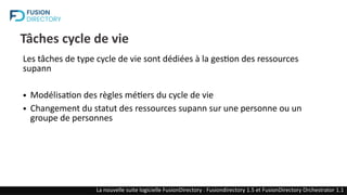 Tâches cycle de vie
Les tâches de type cycle de vie sont dédiées à la gestion des ressources
supann
● Modélisation des règles métiers du cycle de vie
● Changement du statut des ressources supann sur une personne ou un
groupe de personnes
La nouvelle suite logicielle FusionDirectory : Fusiondirectory 1.5 et FusionDirectory Orchestrator 1.1
 