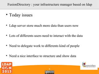FusionDirectory : your infrastructure manager based on ldap


Today issues



Ldap server store much more data than users now



Lots of differents users need to interact with the data



Need to delegate work to differents kind of people



Need a nice interface to structure and show data

5

 