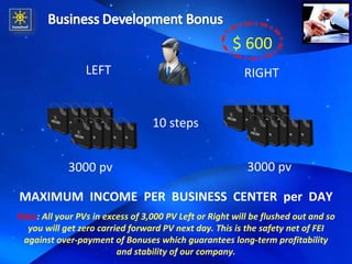 MAXIMUM  INCOME  PER  BUSINESS  CENTER  per  DAY Note : All your PVs in excess of 3,000 PV Left or Right will be flushed out and so you will get zero carried forward PV next day. This is the safety net of FEI against over-payment of Bonuses which guarantees long-term profitability and stability of our company. LEFT RIGHT 10 steps 3000 pv 3000 pv $ 600 