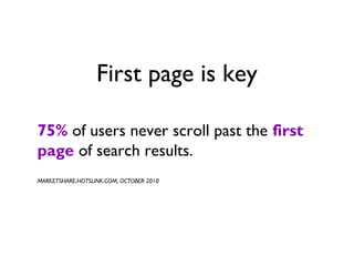 First page is key

75% of users never scroll past the first
page of search results.
MARKETSHARE.HOTSLINK.COM, OCTOBER 2010
 
