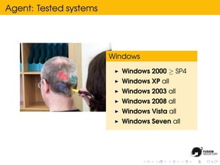 Agent: Tested systems




                        Windows

                          Windows 2000 ≥ SP4
                          Windows XP all
                          Windows 2003 all
                          Windows 2008 all
                          Windows Vista all
                          Windows Seven all
 