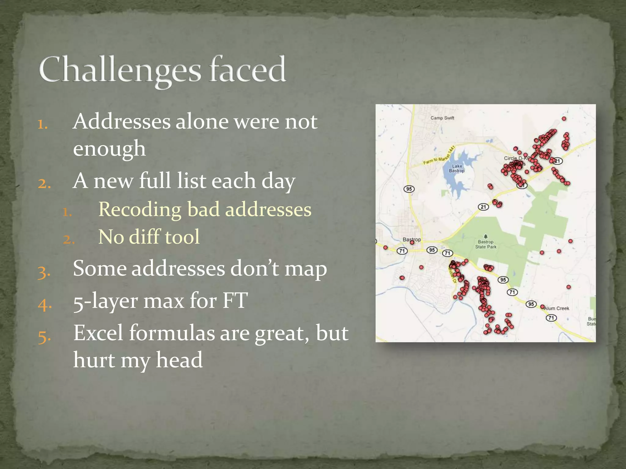 Addresses alone were not enoughA new full list each dayRecoding bad addressesNo diff toolSome addresses don’t map5-layer max for FTExcel formulas are great, but hurt my headChallenges faced