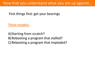 Three models:
A)Starting from scratch?
B)Rebooting a program that stalled?
C)Rebooting a program that imploded?
Now that you understand what you are up against…
First things first: get your bearings
 