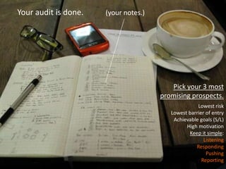 Your audit is done. (your notes.)
Pick your 3 most
promising prospects.
Lowest risk
Lowest barrier of entry
Achievable goals (S/L)
High motivation
Keep it simple:
Listening
Responding
Pushing
Reporting
 