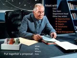 Put together a proposal:
What.
Why.
Where.
How.
Meet with:
CEO
Your boss
Department head
Other key actors
 Opportunities
 Objectives
 Targets
 Timeframe
 Cost
 Risk Management
 