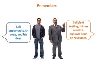 Remember:
Sell
opportunity,
change, and
big ideas.
Sell field
testing,
minimal risk &
minimal drain
on resources.
 
