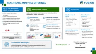 8
HEALTHCARE ANALYTICS OFFERINGS
› Custom database design, build
and support
› Custom dashboards andreports
› Epic Clarity and Caboodleoptimization
› Tableau implementation andsupport
› End user workshops and hands-ontraining
› Data/technology rationalizationand
migration
We support most major EMRs and
databases.
Data Management
& Custom Analytics
Fusion Health AdvantageTM
Comprehensive data model built on Fusion’s 10y of experience serving
hospitals, health systems and physician groups.
Quality & Safety
Reduce care variation
Sickle cell, ERAS, CHF,CMS
readmissions…
Appropriate Utilization
Optimize labs, images & meds.
Blood management, high-risk
medications, LDA…
Operational Excellence
Streamline clinical operations.
Periop efficiency, ED throughput, LOS…
Ambulatory Care
Build durablesystems
of care.
Diabetes, Asthma, COPD,
scheduling…
Platform agnostic data model implemented on client’s preferred
database with Tableau Visualization
Prebuilt Tableau Analytics
DiabetesPopulation
Management
› Defined and analyzed
population
› Built Epic registry to
track and stratify
patients
› Imported claims data to
close data gaps
Critical Care Labs and
Imaging
› 12.6% overall reduction in
labs, IV/IM/SQ and images
› No indications of
underutilization
› $11.1M projected savings
over 5 years
Heart Failure Care Variation
› 1.5-day LOS reduction
› 57% of eligible patientsreceived
recommended order set
BloodManagement
› 46% reduction administered
w/o clinical necessity
› 23% reduction administered
annually
› $3.3M annual costsavings
Recent results
Fusion Accelerators
Slice of FHA thataddresses
specific client need
+
Tableau visualization
=
 