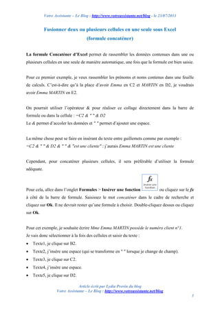 Fusionner deux ou plusieurs cellules en une seule sur Excel (formule ...