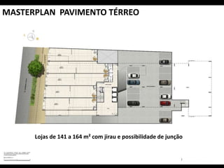 PERSPECTIVA FACHADA NOTURNA
MASTERPLAN PAVIMENTO TÉRREO
Lojas de 141 a 164 m² com jirau e possibilidade de junção
 