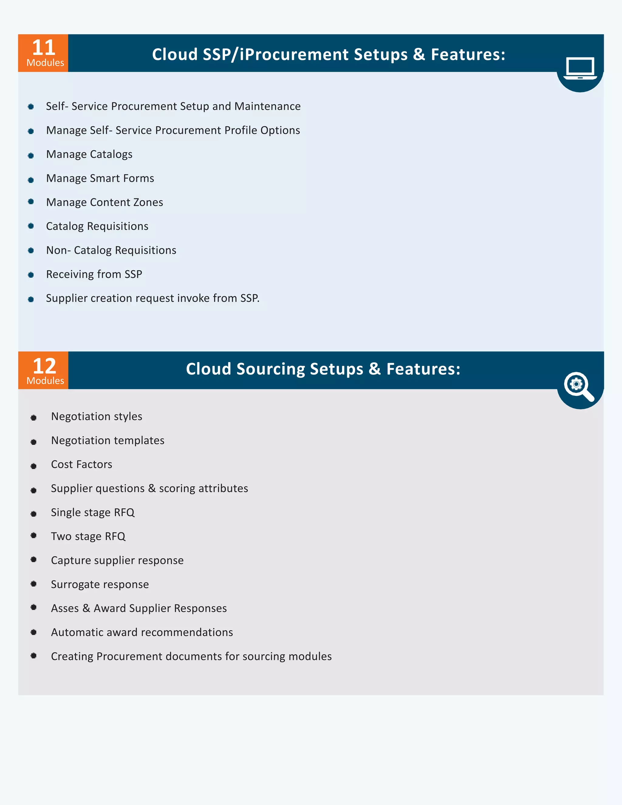Cloud SSP/iProcurement Setups & Features:
Modules
12 Cloud Sourcing Setups & Features:
Negotiation styles
Negotiation templates
Cost Factors
Supplier questions & scoring attributes
Single stage RFQ
Two stage RFQ
Capture supplier response
Surrogate response
Asses & Award Supplier Responses
Automatic award recommendations
Creating Procurement documents for sourcing modules
Modules
11
Self- Service Procurement Setup and Maintenance
Manage Self- Service Procurement Profile Options
Manage Catalogs
Manage Smart Forms
Manage Content Zones
Catalog Requisitions
Non- Catalog Requisitions
Receiving from SSP
Supplier creation request invoke from SSP.
 