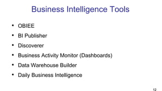 Business Intelligence Tools
• OBIEE
• BI Publisher
• Discoverer
• Business Activity Monitor (Dashboards)
• Data Warehouse Builder
• Daily Business Intelligence
12
 