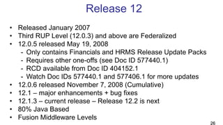 Release 12
• Released January 2007
• Third RUP Level (12.0.3) and above are Federalized
• 12.0.5 released May 19, 2008
- Only contains Financials and HRMS Release Update Packs
- Requires other one-offs (see Doc ID 577440.1)
- RCD available from Doc ID 404152.1
- Watch Doc IDs 577440.1 and 577406.1 for more updates
• 12.0.6 released November 7, 2008 (Cumulative)
• 12.1 – major enhancements + bug fixes
• 12.1.3 – current release – Release 12.2 is next
• 80% Java Based
• Fusion Middleware Levels
26
 