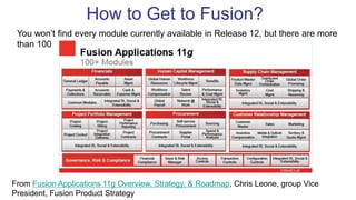 How to Get to Fusion?
You won’t find every module currently available in Release 12, but there are more
than 100
From Fusion Applications 11g Overview, Strategy, & Roadmap, Chris Leone, group Vice
President, Fusion Product Strategy
 