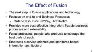 The Effect of Fusion
• The next step in Oracle applications and technology
• Focuses on end-to-end Business Processes
- Order2Cash, Procure2Pay, Hire2Retire
• Provides more cost effective integration, flexible business
processes and extensibility
• Fuses processes, people, and products to leverage the
best parts of each
• Embraces a service-oriented and standards-based
information architecture
6
 