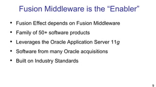 Fusion Middleware is the “Enabler”
• Fusion Effect depends on Fusion Middleware
• Family of 50+ software products
• Leverages the Oracle Application Server 11g
• Software from many Oracle acquisitions
• Built on Industry Standards
9
 