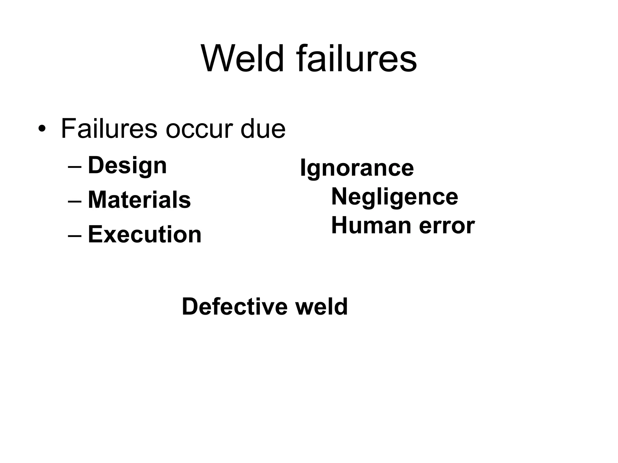 Weld failures
• Failures occur due
– Design
– Materials
– Execution
Defective weld
Ignorance
Negligence
Human error
 