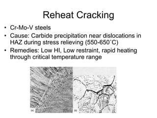 Reheat Cracking
• Cr-Mo-V steels
• Cause: Carbide precipitation near dislocations in
HAZ during stress relieving (550-650˚C)
• Remedies: Low HI, Low restraint, rapid heating
through critical temperature range
 