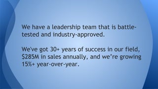 Our leadership team is battle-tested and
industry-approved.
We've got 30+ years of success in our field,
$285M in sales annually, and we’re growing
15%+ year-over-year.
 