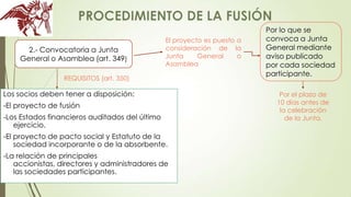 2.- Convocatoria a Junta
General o Asamblea (art. 349)

El proyecto es puesto a
consideración de la
Junta
General
o
Asamblea

REQUISITOS (art. 350)

Los socios deben tener a disposición:
-El proyecto de fusión
-Los Estados financieros auditados del último
ejercicio.
-El proyecto de pacto social y Estatuto de la
sociedad incorporante o de la absorbente.

-La relación de principales
accionistas, directores y administradores de
las sociedades participantes.

Por lo que se
convoca a Junta
General mediante
aviso publicado
por cada sociedad
participante.
Por el plazo de
10 días antes de
la celebración
de la Junta.

 
