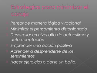  Pensar de manera lógica y racional
 Minimizar el pensamiento distorsionado
 Desarrollar un nivel alto de autoestima y
auto aceptación
 Emprender una acción positiva
 Aprender a desprenderse de los
sentimientos
 Hacer ejercicios o darse un baño.
 