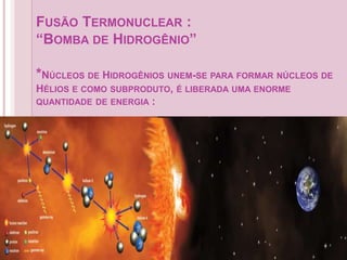 FUSÃO TERMONUCLEAR :
“BOMBA DE HIDROGÊNIO”
*NÚCLEOS DE HIDROGÊNIOS UNEM-SE PARA FORMAR NÚCLEOS DE
HÉLIOS E COMO SUBPRODUTO, É LIBERADA UMA ENORME
QUANTIDADE DE ENERGIA :
 