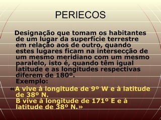 PERIECOS Designação que tomam os habitantes de um lugar da superfície terrestre em relação aos de outro, quando estes lugares ficam na intersecção de um mesmo meridiano com um mesmo paralelo, isto é, quando têm igual latitude e as longitudes respectivas diferem de 180º.  Exemplo:  « A vive à longitude de 9º W e à latitude de 38º N.  B vive à longitude de 171º E e à latitude de 38º N.»   