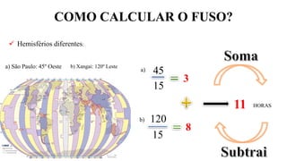 COMO CALCULAR O FUSO?
a) São Paulo: 45º Oeste b) Xangai: 120º Leste
45
120
15
a)
b)
15
3
8
11 HORAS
 Hemisférios diferentes:
 