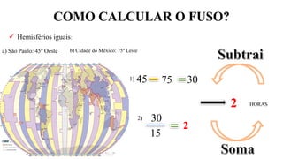 COMO CALCULAR O FUSO?
a) São Paulo: 45º Oeste b) Cidade do México: 75º Leste
45
30
751)
2)
15
2
2 HORAS
30
 Hemisférios iguais:
 