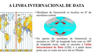 A LINHA INTERNACIONAL DE DATA
• Meridiano de Greenwich se localiza no 0º do
meridiano central.
• No oposto do meridiano de Greenwich se
encontra os 180º de longitude leste com os 180º
de longitude oeste, onde se encontra a Linha
Internacional de Data (LID), é a partir desse
ponto que se conta um novo dia no Mundo.
 