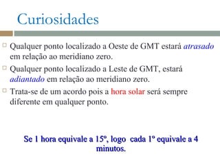 Curiosidades
 Qualquer ponto localizado a Oeste de GMT estará atrasado
em relação ao meridiano zero.
 Qualquer ponto localizado a Leste de GMT, estará
adiantado em relação ao meridiano zero.
 Trata-se de um acordo pois a hora solar será sempre
diferente em qualquer ponto.
Se 1 hora equivale a 15º, logo cada 1º equivale a 4Se 1 hora equivale a 15º, logo cada 1º equivale a 4
minutos.minutos.
 
