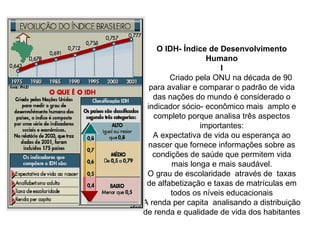 O IDH- Índice de Desenvolvimento Humano l  Criado pela ONU na década de 90 para avaliar e comparar o padrão de vida das nações do mundo é considerado o indicador sócio- econômico mais  amplo e completo porque analisa três aspectos importantes: A expectativa de vida ou esperança ao nascer que fornece informações sobre as condições de saúde que permitem vida mais longa e mais saudável. O grau de escolaridade  através de  taxas de alfabetização e taxas de matrículas em todos os níveis educacionais A renda per capita  analisando a distribuição de renda e qualidade de vida dos habitantes 