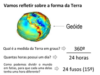 Vamos refletir sobre a forma da Terra
Qual é a medida da Terra em graus?
Geóide
360º
Quantas horas possui um dia? 24 horas
Como podemos dividir o mundo
em fatias, para que cada uma delas
tenha uma hora diferente?
24 fusos (15º)
 