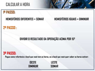 1º PASSO:
HEMISFÉRIOS DIFERENTES = SOMAR HEMISFÉRIOS IGUAIS = DIMINUIR
2º PASSO :
DIVIDIR O RESULTADO DA OPERAÇÃO ACIMA POR 150
3º PASSO:
Pegue como referência o local que você tem as horas, se o local que você quer saber as horas estiver:
CALCULAR A HORA
OESTE
DIMINUIR
LESTE
SOMAR
 