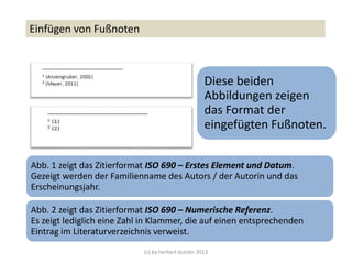 (c) by herbert dutzler 2013
Einfügen von Fußnoten
Abb. 1 zeigt das Zitierformat ISO 690 – Erstes Element und Datum.
Gezeigt werden der Familienname des Autors / der Autorin und das
Erscheinungsjahr.
Abb. 2 zeigt das Zitierformat ISO 690 – Numerische Referenz.
Es zeigt lediglich eine Zahl in Klammer, die auf einen entsprechenden
Eintrag im Literaturverzeichnis verweist.
Diese beiden
Abbildungen zeigen
das Format der
eingefügten Fußnoten.
 