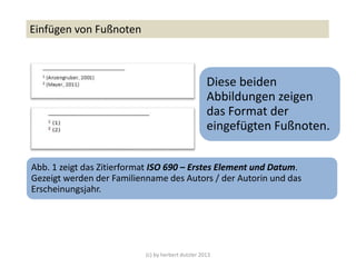 (c) by herbert dutzler 2013
Einfügen von Fußnoten
Abb. 1 zeigt das Zitierformat ISO 690 – Erstes Element und Datum.
Gezeigt werden der Familienname des Autors / der Autorin und das
Erscheinungsjahr.
Diese beiden
Abbildungen zeigen
das Format der
eingefügten Fußnoten.
 