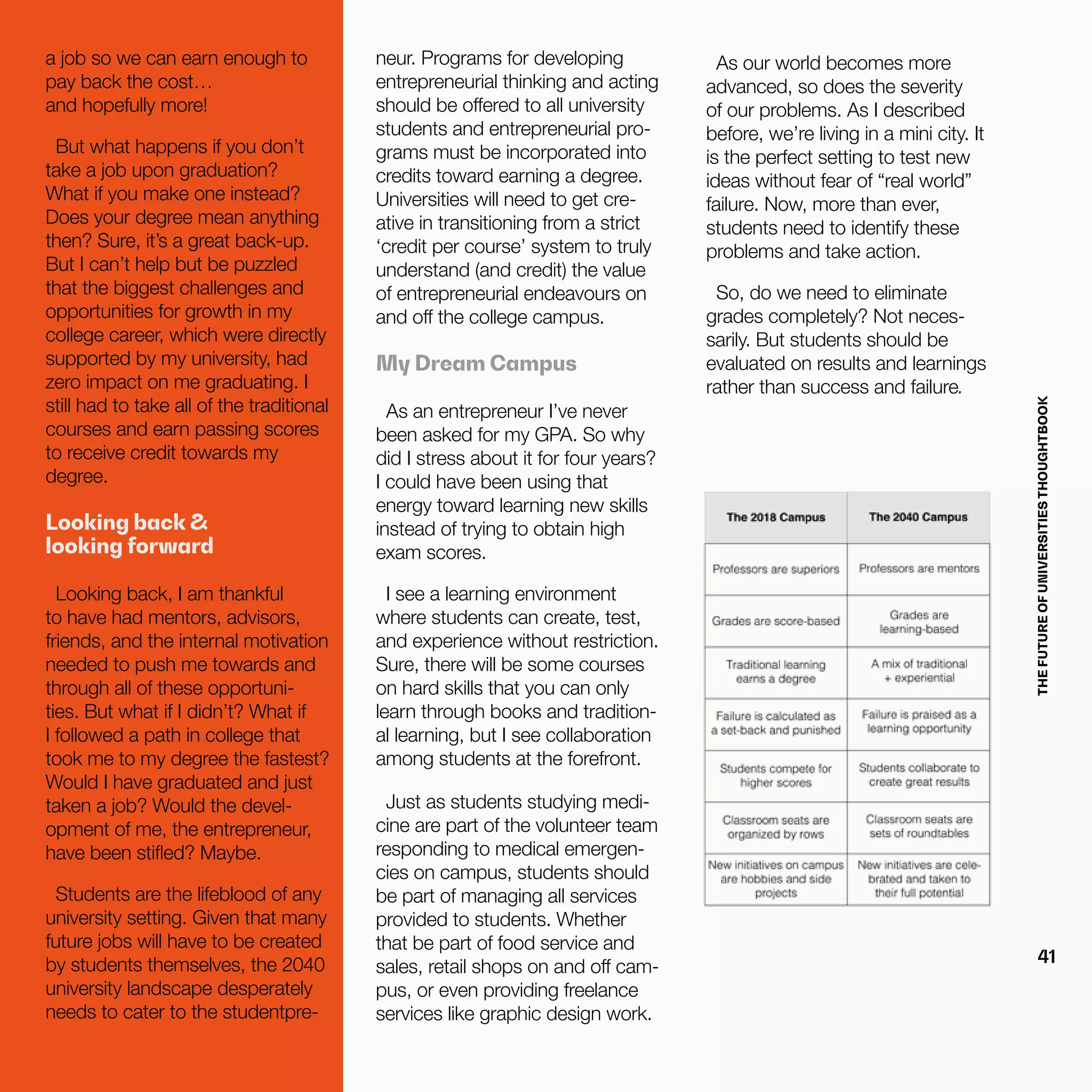 THEFUTUREOFUNIVERSITIESTHOUGHTBOOK
41
As our world becomes more
advanced, so does the severity
of our problems. As I described
before, we’re living in a mini city. It
is the perfect setting to test new
ideas without fear of “real world”
failure. Now, more than ever,
students need to identify these
problems and take action.
So, do we need to eliminate
grades completely? Not neces-
sarily. But students should be
evaluated on results and learnings
rather than success and failure.
a job so we can earn enough to
pay back the cost…
and hopefully more!
But what happens if you don’t
take a job upon graduation?
What if you make one instead?
Does your degree mean anything
then? Sure, it’s a great back-up.
But I can’t help but be puzzled
that the biggest challenges and
opportunities for growth in my
college career, which were directly
supported by my university, had
zero impact on me graduating. I
still had to take all of the traditional
courses and earn passing scores
to receive credit towards my
degree.
Looking back &
looking forward
Looking back, I am thankful
to have had mentors, advisors,
friends, and the internal motivation
needed to push me towards and
through all of these opportuni-
ties. But what if I didn’t? What if
I followed a path in college that
took me to my degree the fastest?
Would I have graduated and just
taken a job? Would the devel-
opment of me, the entrepreneur,
have been stifled? Maybe.
Students are the lifeblood of any
university setting. Given that many
future jobs will have to be created
by students themselves, the 2040
university landscape desperately
needs to cater to the studentpre-
neur. Programs for developing
entrepreneurial thinking and acting
should be offered to all university
students and entrepreneurial pro-
grams must be incorporated into
credits toward earning a degree.
Universities will need to get cre-
ative in transitioning from a strict
‘credit per course’ system to truly
understand (and credit) the value
of entrepreneurial endeavours on
and off the college campus.
My Dream Campus
As an entrepreneur I’ve never
been asked for my GPA. So why
did I stress about it for four years?
I could have been using that
energy toward learning new skills
instead of trying to obtain high
exam scores.
I see a learning environment
where students can create, test,
and experience without restriction.
Sure, there will be some courses
on hard skills that you can only
learn through books and tradition-
al learning, but I see collaboration
among students at the forefront.
Just as students studying medi-
cine are part of the volunteer team
responding to medical emergen-
cies on campus, students should
be part of managing all services
provided to students. Whether
that be part of food service and
sales, retail shops on and off cam-
pus, or even providing freelance
services like graphic design work.
 