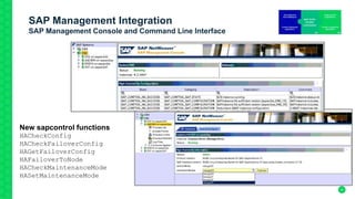 30
SAP Management Integration
SAP Management Console and Command Line Interface
New sapcontrol functions
HACheckConfig
HACheckFailoverConfig
HAGetFailoverConfig
HAFailoverToNode
HACheckMaintenanceMode
HASetMaintenanceMode
 