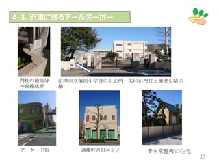 ４-３．沼津に残るアールヌーボー
13
門柱の袖部分
の曲線成形
沼津市立第四小学校の旧正門 矢印が門柱と擁壁を結ぶ
袖
アーケード街 通横町の旧ニシノ 千本常盤町の住宅
 